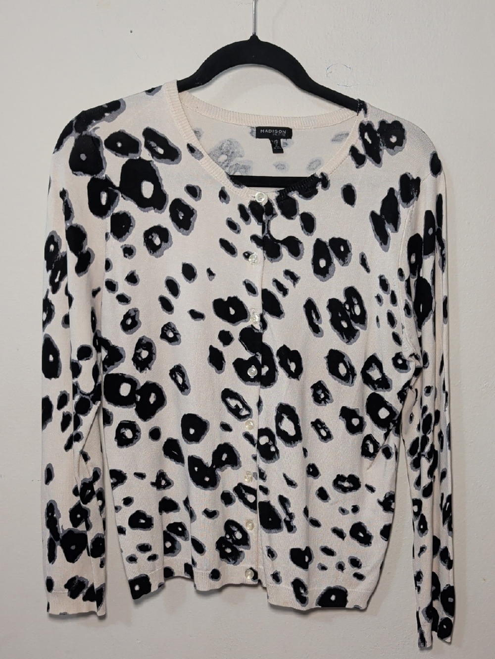 Madison Silk-Blend Cardigan Sweater Cream + Black Animal Print Women's Size SP